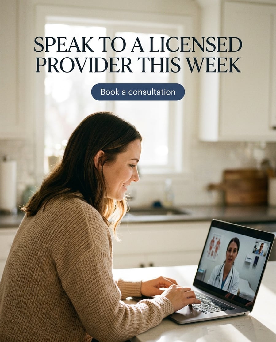 A telehealth ad: a woman on a video call with a clinician
