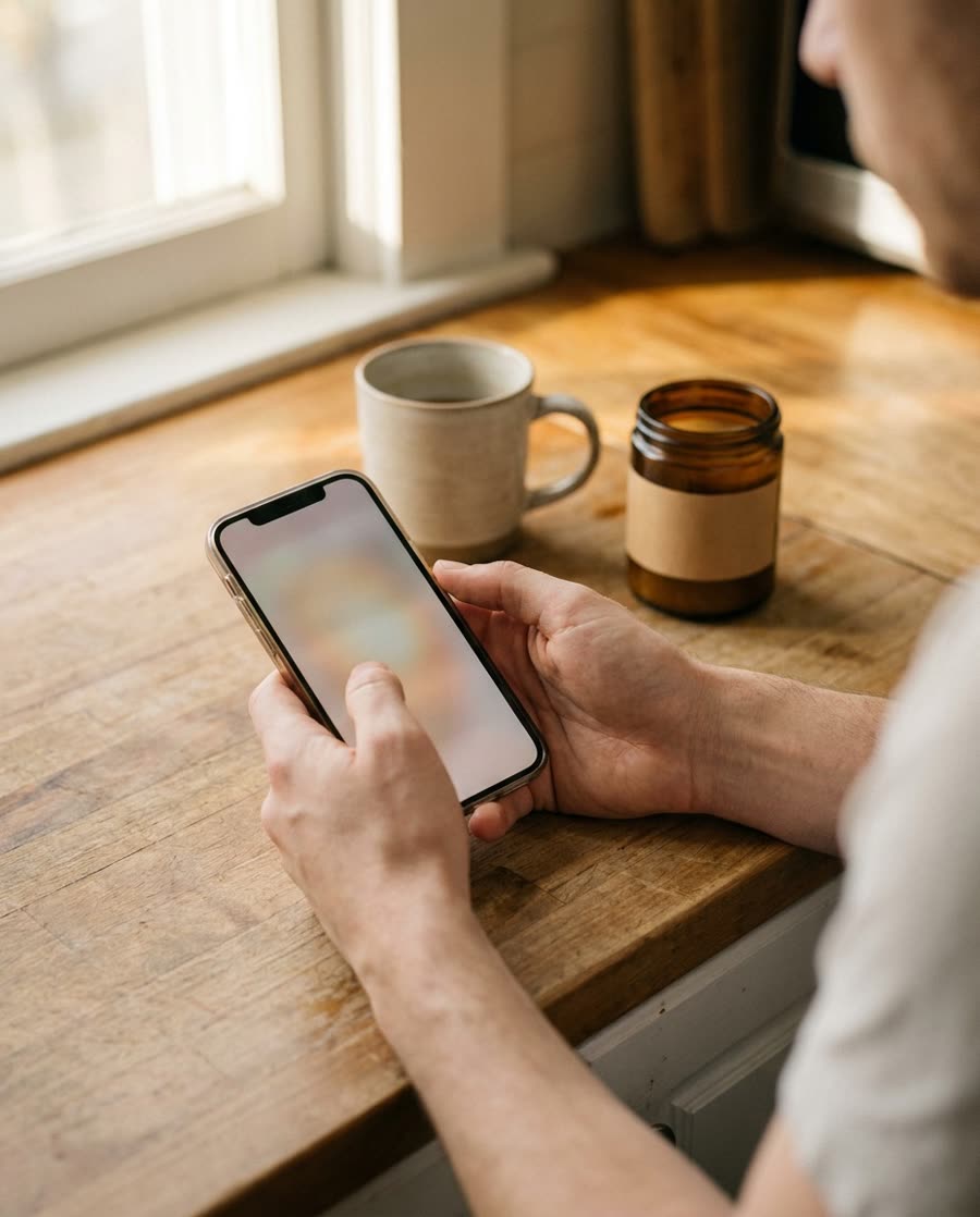 Someone reading their phone at a kitchen counter