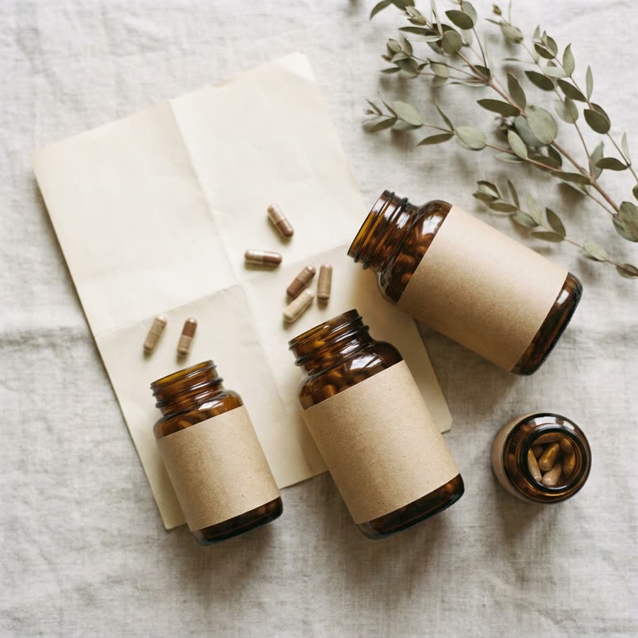 Supplement bottles with blank labels and a certificate