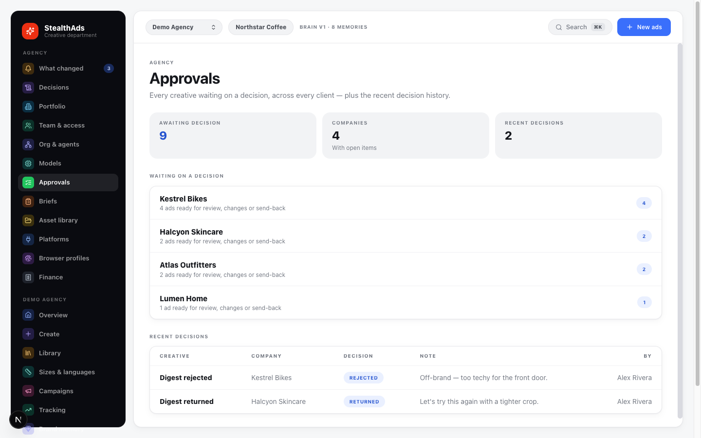 The approvals desk: every creative waiting on a human decision