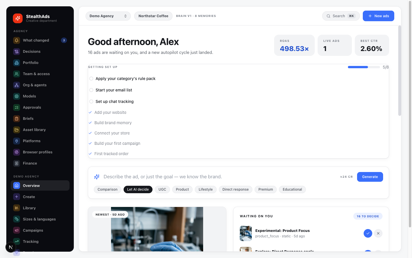 The StealthAds home screen: brand memory, a prompt bar that knows the brand, and the approval queue