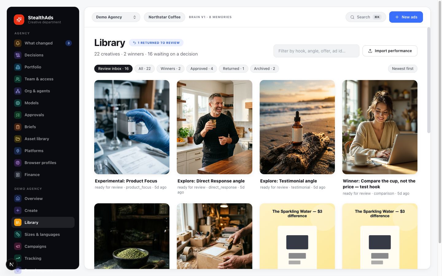 The creative library: every ad, filterable by concept and status