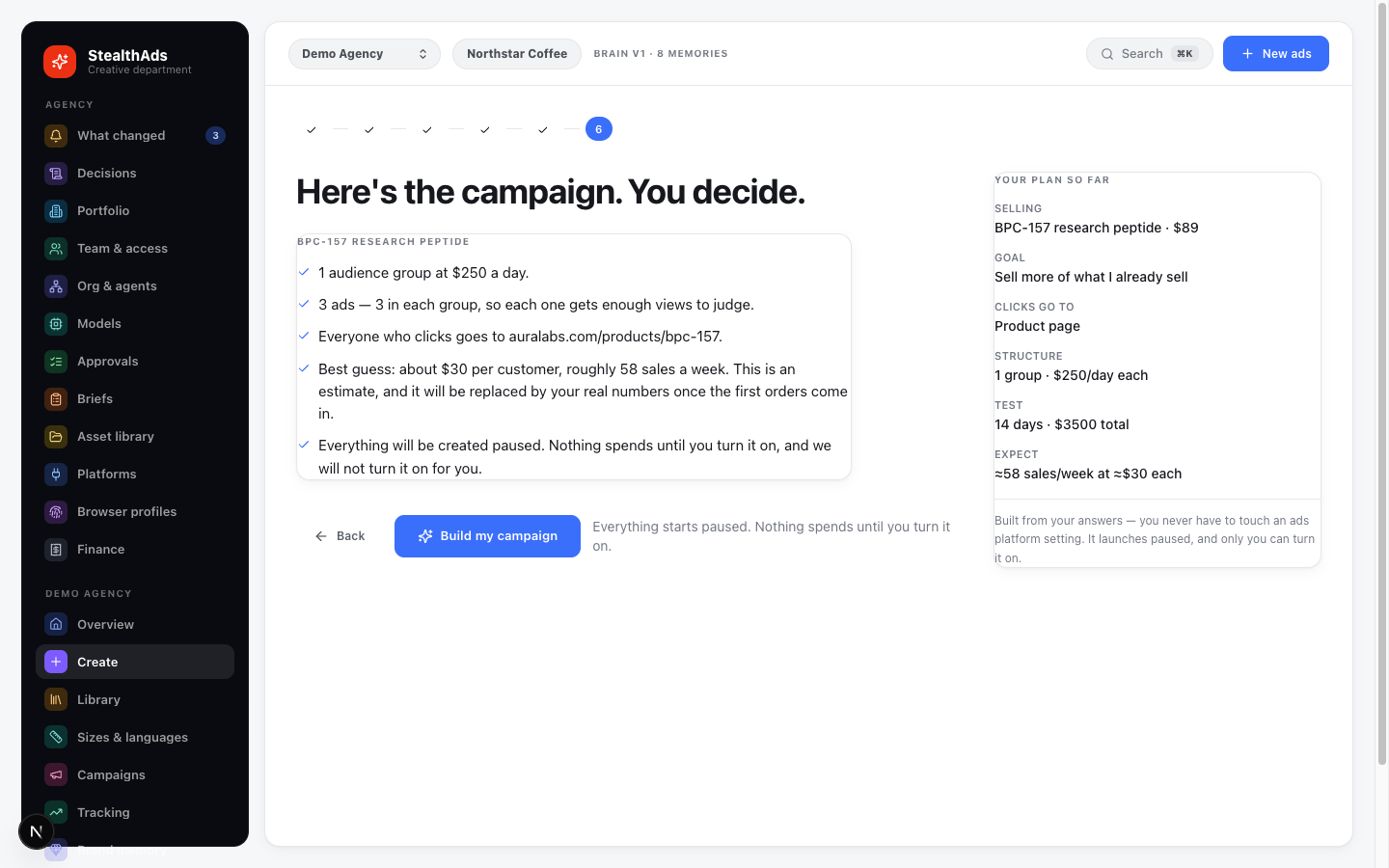 The approval screen: the campaign in plain English, one button
